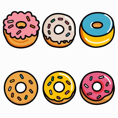 Altı renkli çizgi film donutu iki sıra dizildi, tatlı pastane şekerleri. Donutlar farklı şekerlemeler, lezzetli tatlı çizimleri. Pembe, çikolata, mavi, sarı donutlar, basit.