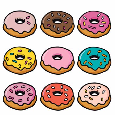 Dokuz çeşit donut çizgi filmi tatlı tatlı tatlı çeşitliliğini gösteriyor. Dondurulmuş donutlar renkli, pembe mavi çikolatalı krema. Lezzetli fırın ürünleri, çoklu donut tatları grafik tasarımı