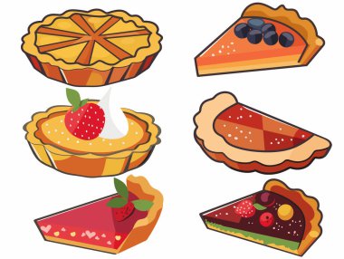 Çeşitli meyve dilimlerinin yer aldığı karikatür tatlıları, renkli yemek tarifi siteleri. Koleksiyonda elmalı turta, böğürtlen dilimi, limonlu turta ve balkabağı parçaları var.