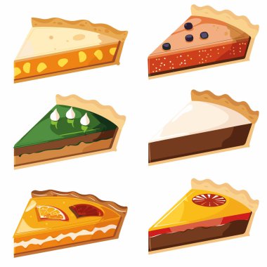 Altı çeşit pasta dilimi, farklı malzemeler. Tatlı grafikleri peynirli kek, çikolatalı turta, limonlu turta, vişneli turta gösteriyor. Renkli tatlı ikramlar mükemmel fırın menüsü, tatlı tarifleri