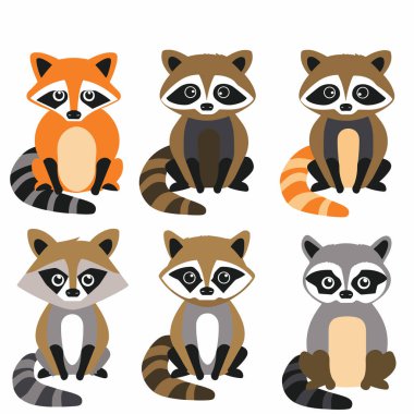 Çeşitli karikatür rakunları toplanıyor, farklı renklerde. Şirin rakun karakterlerinde farklı kürk desenleri, gözler ve ifadeler vardır. Sivri uçlu altı rakun çizimi