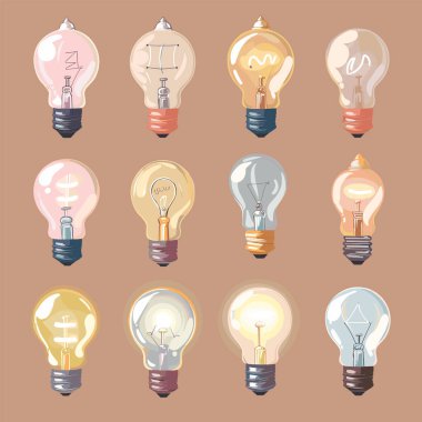 Collection colorful light bulbs showcasing various designs against single color background. Light bulb concept variations, creative shapes enclosed within glass bulb silhouettes clipart