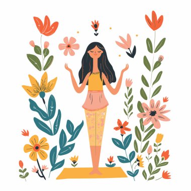 Yoga yapan bir kadın. Etrafı çiçeklerle çevrili. Huzurlu meditasyon pozu. Kadın karakter sükunet çiçekleri ve sağIık uyum temasını sever. İllüstrasyon uzmanı yoga seansı dekoratifi