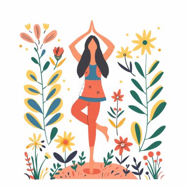 Kadın yoga yapıyor, etrafı botanik elementlerle çevrili, ağaç duruşunu dengeliyor, doğanın tadını çıkarıyor. Kadın karakter, koyu renk saç, forma, huzur, uyum, açık havada refah. Renkli