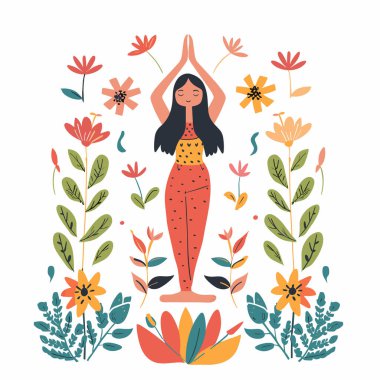 Yoga yapan bir kadın, etrafını saran bitkiler, ayakta duran ağaç duruşu, huzurlu meditasyon. Kadın karakter yogası, sağlık konsepti, çiçek doğası arasında dinlenme. Etnik kadın pratiği, sakin