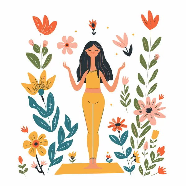 Yoga yapan genç bir kadın büyük renkli çiçeklerle çevriliydi. Kadın karakter yoga minderi, kollar havada, gözler kapalı, barış sükuneti, hevesli bitki örtüsü arasında huzurlu meditasyondan hoşlanıyor.
