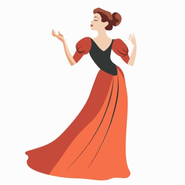 Zarif bir kadın, retro tarzı elbise, şarkıcı opera klasik müzik jesti. Klasik kadın karakter modası, eğlence etkinliği, sahne performansı. İllüstrasyon klas bayan