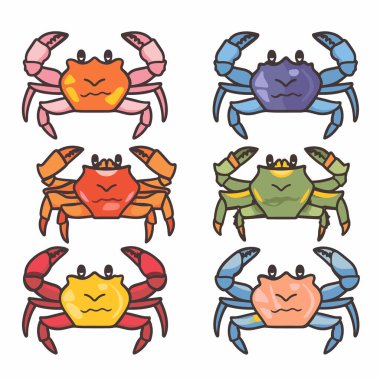 Altı renkli karikatür yengeci farklı ifadeler izole edilmiş beyaz arka plan. Deniz yaratıkları mutlu, üzgün, kızgın, şaşırmış yüzler çeşitli duygular gösteriyor. Sevimli yengeç karakterleri kırmızı, turuncu, yeşil, mavi