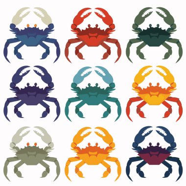 Renkli deniz yengeçleri çeşitli renklerde. Düz dizayn edilmiş deniz canlıları. Dokuz yengeç düzenli ızgara düzeni, düz arkaplan karşısında farklı renkler