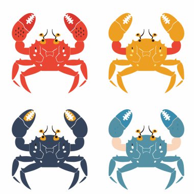 Amerikan futbol pençeleri taşıyan dört renkli yengeç, spor temalı illüstrasyon. Çizgi film yengeçleri futbol pençeleri kırmızı, sarı, mavi, siyah renkler, izole edilmiş beyaz arka plan. Yaratıcı kavram birleşimi