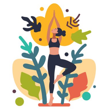 Yoga, ağaç duruşu, dengeli, dingin, soyut bitkiler yapan bir kadın. Fitness, meditasyon, uyum, stil çizimi, canlı renkler flora arkaplan kadın çizgi film karakteri