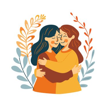 Etrafı mutlu bir şekilde sarılmış iki kadın. Sevgi, sevgi, rahatlık ve mutluluk gösteren kadınlar. Arkadaşlar, sevgi dolu anın tadını çıkarıyorlar.