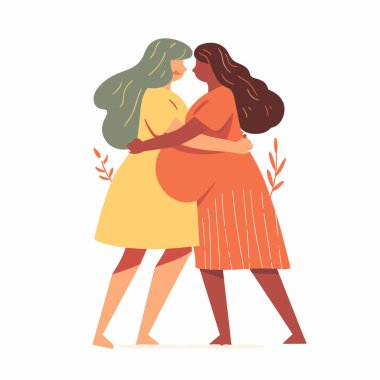 İki kadın sıcak bir şekilde sarılıyor, dostluk aşklarını ifade ediyor, gündelik elbiseler giyiyor. Zarif vektör illüstrasyonunda çeşitli bayan arkadaşlar yakınlık gösteriyor. Basit modern grafik tasviri