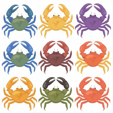 Renkli yengeç koleksiyonu. Farklı renklerde izole edilmiş beyaz arkaplan. Çizgi film yengeçleri, deniz hayvanları düz tasarım vektör çizimi. Okyanus yaban hayatı, yengeçler mavi, yeşil, turuncu, mor