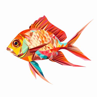 Renkli geometrik balık çizimi yüzme, canlı renkli pullu yüzgeçler. Tropikal balık geometrik çizimleri beyaz arkaplan, süslemeli su tasarımı, şekiller