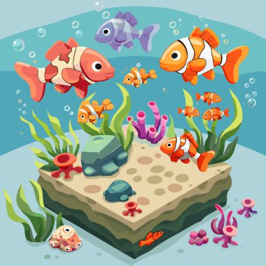 Mercan resifinde yüzen çeşitli renkli tropikal balıklar. Mercan, anemon ve yosun içeren karikatür tarzı suda yaşam çizimi. Deniz çevresi palyaço balığı, mor balık.