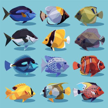 Koleksiyon renkli tropikal balık çizimleri mavi arka plan. Tropikal balık çeşitliliği, farklı türlerin örnekleri. Geometrik tasarım, deniz yaşamı, canlı okyanus balıkları.