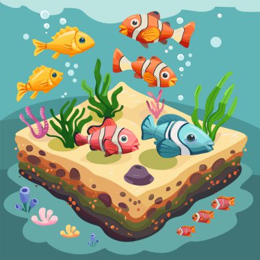 Mercan resifleri etrafında yüzen renkli tropikal balıklar. Çizgi film stili illüstrasyon deniz yaşamı çeşitli balık türleri su bitkileri. Canlı sualtı manzarası mercan, deniz bitkileri