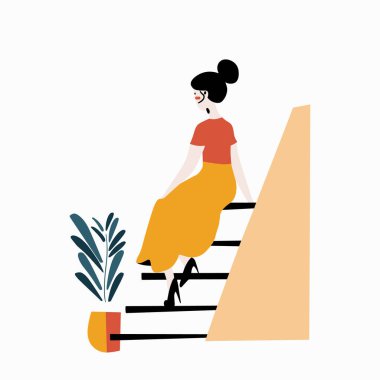 Animasyon kadın yükselen merdivenler, modern tarz kıyafetler, minimalist tasarım, düz çizim. Karakter kırmızı bluz, sarı etek, siyah ayakkabı giyiyor, siyah saç stili var, boş zamanlardan hoşlanıyor.