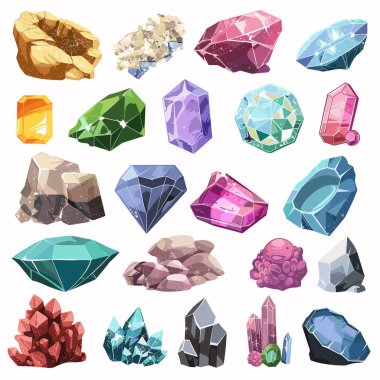 Farklı kristaller, değerli taşlar, renkli mineraller. Çeşitli renkler, çizgi film tarzı mücevherler ayarlayın. Değerli taşlar oyun tasarımı, mücevher teması, fantezi hazine konsepti