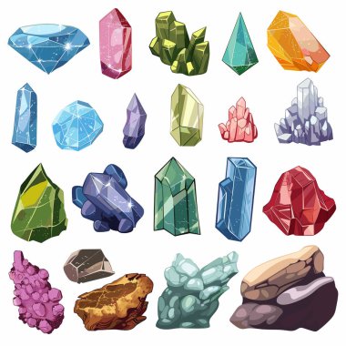 Koleksiyon rengarenk değerli taşlar çeşitli şekillerde kristaller oluşturuyor. Sabit mücevher, değerli taş, kullanılmış mineral çizimleri. Çizgi film tarzı çeşitli taşlar kayalar izole edilmiş beyaz arkaplan