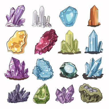 Set colorful gemstones, crystals flat vector illustration, precious stones mineral rocks. Assortment gem illustrations perfect geology, jewelry, treasure concepts, cartoon style. Varied crystal clipart