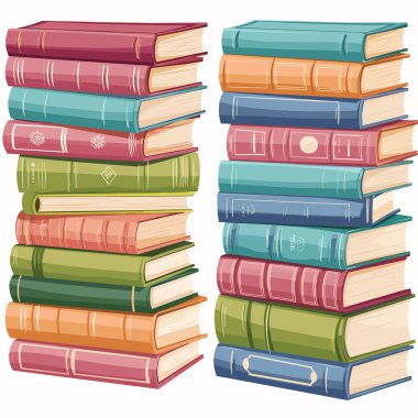 Yığınla renkli kitap yan yana, eğitim okuma konsepti. İki deste kitap, ciltli ders kitapları, çeşitli renkler. Edebiyat, bilgi, akademik araştırma, kütüphane koleksiyonu