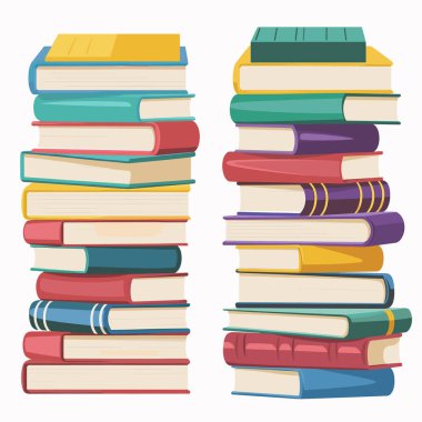 İki renkli kitap, çizgi film stili illüstrasyon, eğitim bilgisi konsepti. Yığınlanmış ciltli ders kitapları, uzun öbek edebiyat, izole edilmiş beyaz arka plan. Öğrenme, okuma, kütüphane grafiği
