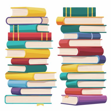 Renkli kitapları izole edilmiş beyaz arka plana karşı çizgi film tarzında yığar. Çeşitli ciltli kitaplar farklı yükseklikler sıralanmış dikey yığınlar. Eğitimsel edebiyat kavramları görselleştirilmelidir