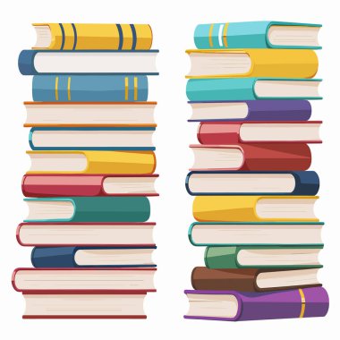 İki renkli kitap yığını çeşitli boyutlarda yönelimler, eğitici kavramlar. Uzun öbekler, ciltli kitaplar, okuma, bilgi, çalışma teması. Canlı kitap dikenleri, illüstrasyon kütüphanesi arkaplanı