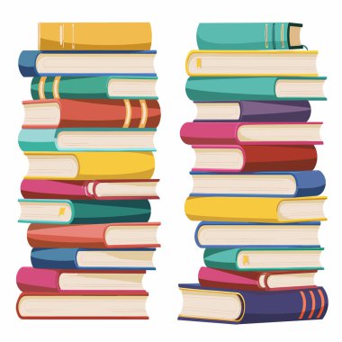 İzole edilmiş beyaz arka plana karşı renkli iki uzun kitap. Dikey olarak düzenlenmiş kitaplar rastgele sıralanmış, renk çeşitliliği var. Çok sayıda dikenli kapak içeren eğitim okuma kavramı