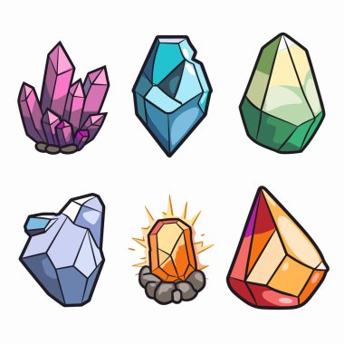 Renkli karikatür tarzı kristaller yerleştirin. Çeşitli geometrik şekiller, parlak renkler, parlak yüzeyler, sadeleştirilmiş tasvirler. Altı ayrı mineral oluşturulmuş vektör çizimleri