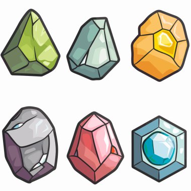 Renkli değerli taşlar vektör illüstrasyonu altı farklı kristal şekil gösteriyor. Çizgi roman tarzı değerli taşlar oyun mücevherleri, hazine grafikleri. Çeşitli renkli mücevher koleksiyonu izole edilmiş beyaz