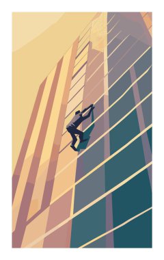 Kurumsal merdiven konsepti, iş hırsı metaforu, kariyer gelişimi. Siluetli figür soyut geometrik adımlar, başarı çizimi. Hırslı biri.