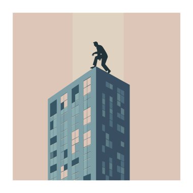 Siluetteki kişi dikkatli bir şekilde modern gökdelen çatısında Pastel arka plana karşı yürüyor. Şehir binasının tepesinde dengede duran tehlikeli, sinsi figür risk ve gerilimi seziyor. Minimalist