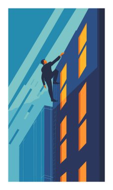Adam gökdelene tırmanıyor, pencere kenarlarına tırmanıyor, şehir planına giriyor. İş adamı takımı kravat boylama, metafor kariyer hırsı. Koyu mavi, turuncu ışıklı pencereler, dinamik açı