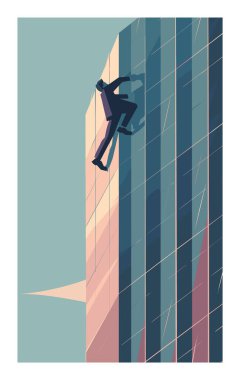 Businessman climbing skyscraper, concept success, ambition. Elegant male figure ascending glass building, metaphor career growth. Daring climb up corporate ladder, determination business clipart