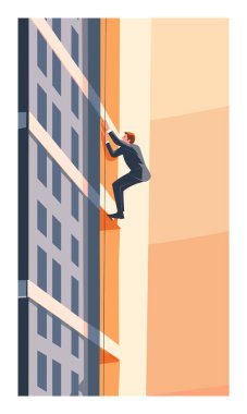 İş adamı yan binaya tırmanıyor. Meydan okuyor, azimli iş dünyası kuruyor. Kararlı erkek karakter gökdelen ölçeği, konsept hırs kariyer gelişimi. Çizim adamı kıyafeti.