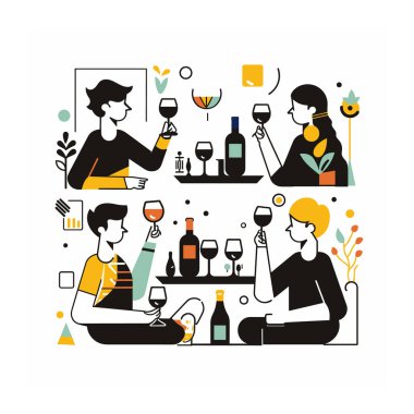 Dört kişi şarap tadıyor, kadeh kaldırıyor, gündelik şarap partisi veriyor. Grup farklı türde şarap, şişe, bardak sehpası seviyor. Şık bir daire tasarımı, şarap meraklıları, sosyal bir toplantı.