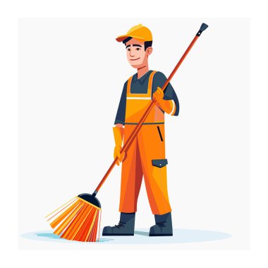 Genç erkek çizgi film hademesi yerleri temizliyor, parlak turuncu üniforma giyiyor, el yapımı süpürge tutuyor. Neşeli çizgi film temizleyicisi bakım işlerini yapıyor, kapalı alanda çalışıyor. Profesyonel temizlik.