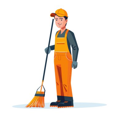 Erkek hademe çizgi film karakteri elinde süpürge tutarken turuncu tulum şapkası takıyor, temiz bir şekilde hazır. Gülümseyen Temizlik Servisi Profesyonel canlı renkler, bakım temsil