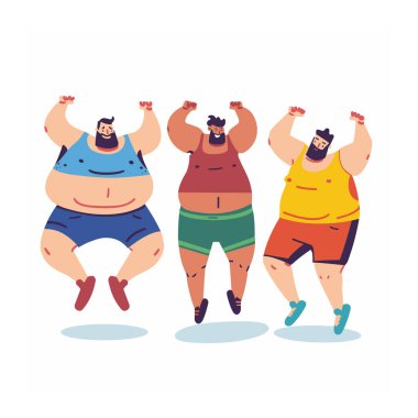 Sevinçle kutlama yapan, zıplayan üç şişman adam. Çizgi film karakterleri mutluluğu, canlı renkleri, günlük kıyafetleri ifade eder. Neşeli, dolgun insanlar dans ediyor, birlikte eğleniyorlar.