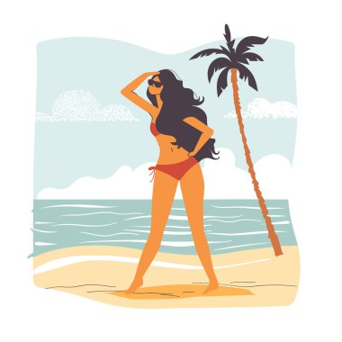 Turuncu bikinili bir kadın sahilde ayakta duruyor, güneşli bir hava, palmiye ağacı, okyanus dalgaları. Kadın model güneş gözlüğü, deniz kenarında eğlenen, tropik tatil, şık bir mayo. Kaygısız turist kumlu kıyısı