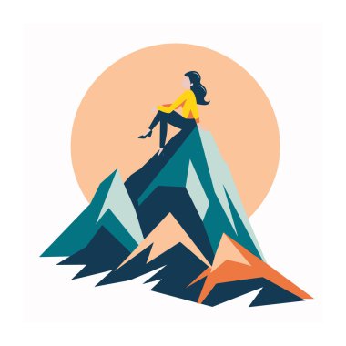 Kadın dağın zirvesinde oturuyor, günbatımı arkaplanı, başarı konsepti. Dişi tırmanışçı zirveye ulaşır, başarıyı ve motivasyonu yansıtır. Günlük kıyafet, stilize grafik, başarı teması