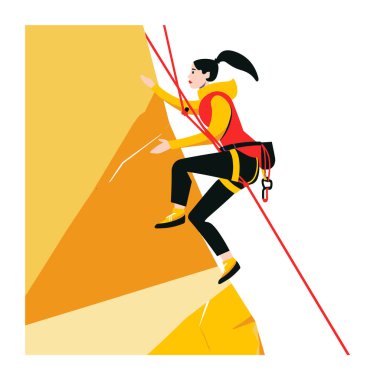 Dişi kaya tırmanışçıları halatları, açık hava macera sporlarını ve modern düz tasarımı kullanarak yamaçlara tırmanıyor. Genç bayan tırmanış, spor aktivitesi, hobi illüstrasyonu. Atletik tırmanışçı kaya yüzeyi, güvenlik