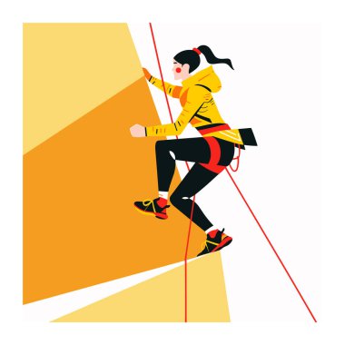 Female climber ascending steep wall, focus determination, sport climbing. Young athletic woman engages rock climbing, wearing safety harness, dynamic movement. Climber practicing bouldering skills clipart