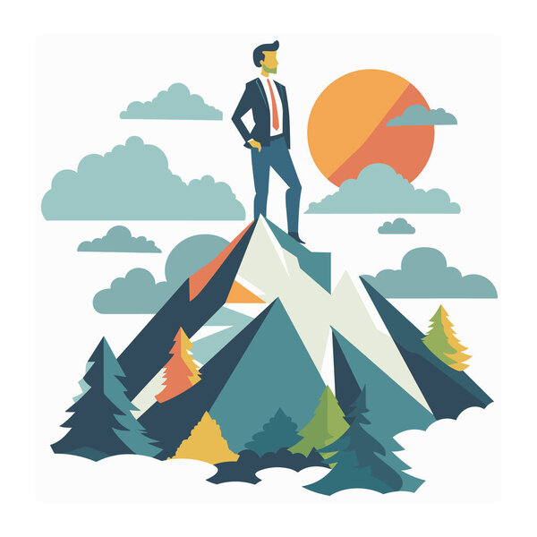 Man standing atop mountain peak, businessman success concept, confident male overlooking. Success achievement corporate ambition professional leadership mountain top. Businessperson