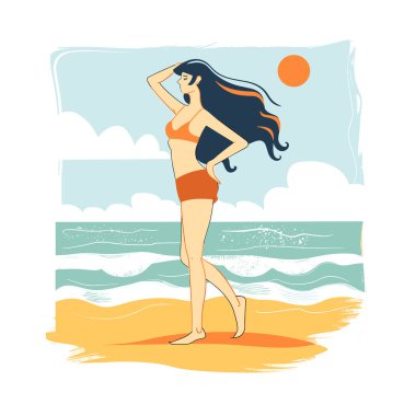 Sahilde güneşlenen, el saçı olan, okyanusa bakan bir kadın. Dişi bikini deniz kenarından zevk alıyor, arkasında gündoğumu manzarası sallıyor. Yaz boyunca genç kumlu sahil, rahat duruş