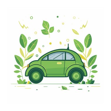Green ecofriendly car surrounded leaves, symbolizing environmental sustainability. Illustration featuring green car promoting clean energy ecology. Environmentally conscious vehicle design foliage clipart