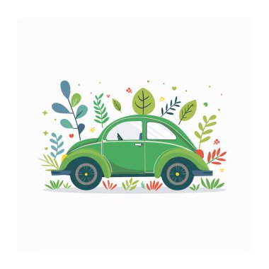 Yeşil renkli araba bitki örtüsü, yapraklar, oyuncu doğa unsurları ile çevrili. İllüstrasyon, çevre dostu araç konseptini tasvir ediyor. Beyaz arkaplan çevresel grafik tasarımı vurguluyor